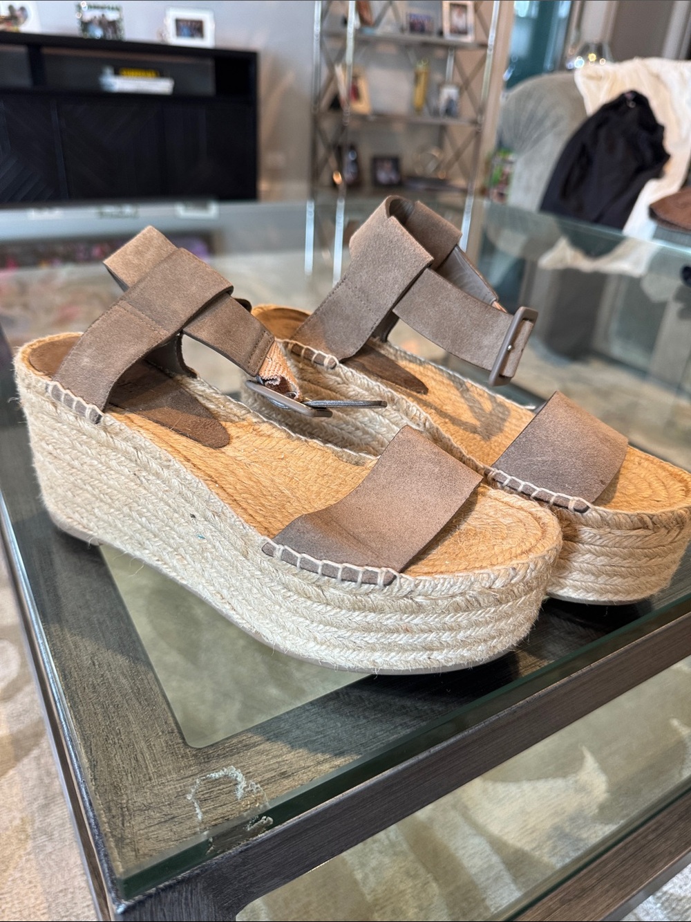 Vince Taupe Suede Platform Espadrille Sandals